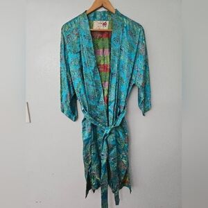Peony Brand Kimono Robe Womens S Blue Satin Shanghai Vintage Chinese Jacket